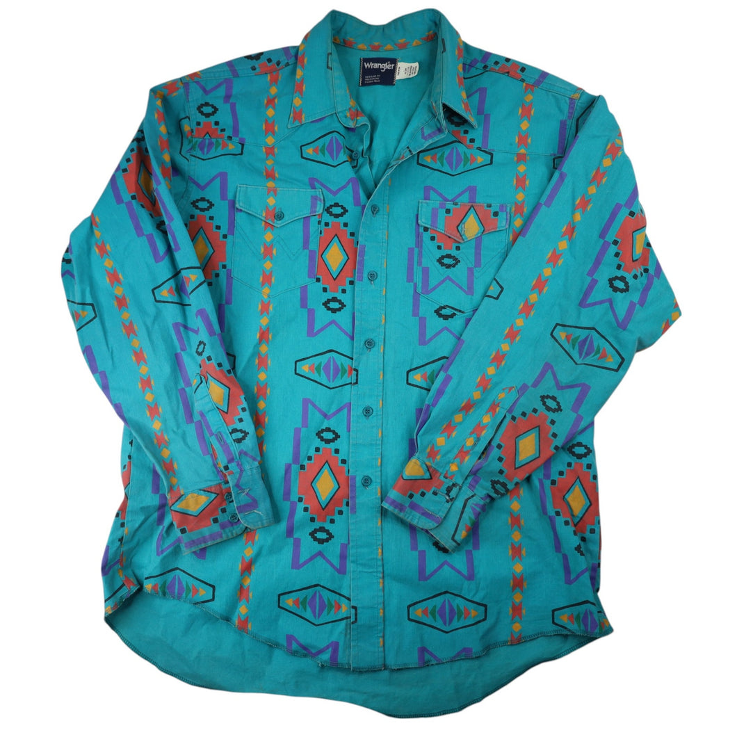 Vintage Wrangler Pastel Southwestern Print Brushpopper Button Up Shirt - XL