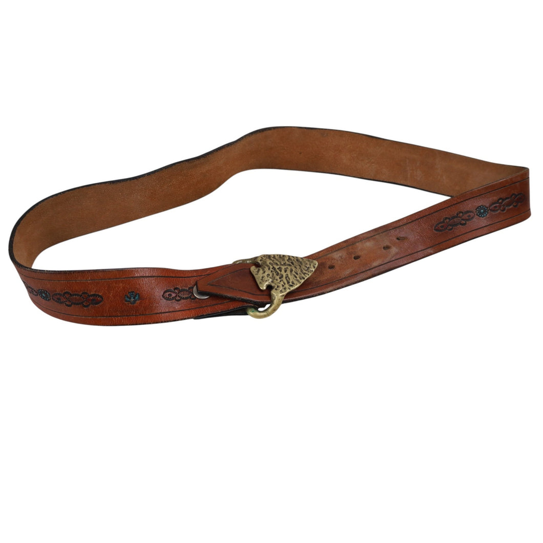 True Vintage 70s Brass Arrow Head Belt Buckle and Embossed Belt - 36