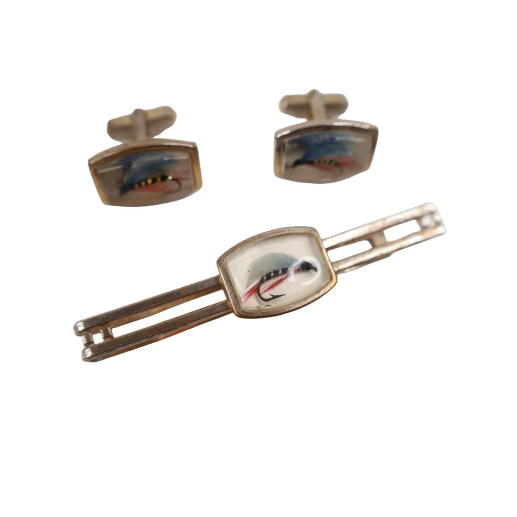 Vintage Anson Fly Fishing Cuff Links Tie Clip Set - OS