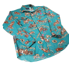 Load image into Gallery viewer, Vintage Wrangler Professional Rodeo Cowboys Assn Allover Print Button Up Shirt - XL