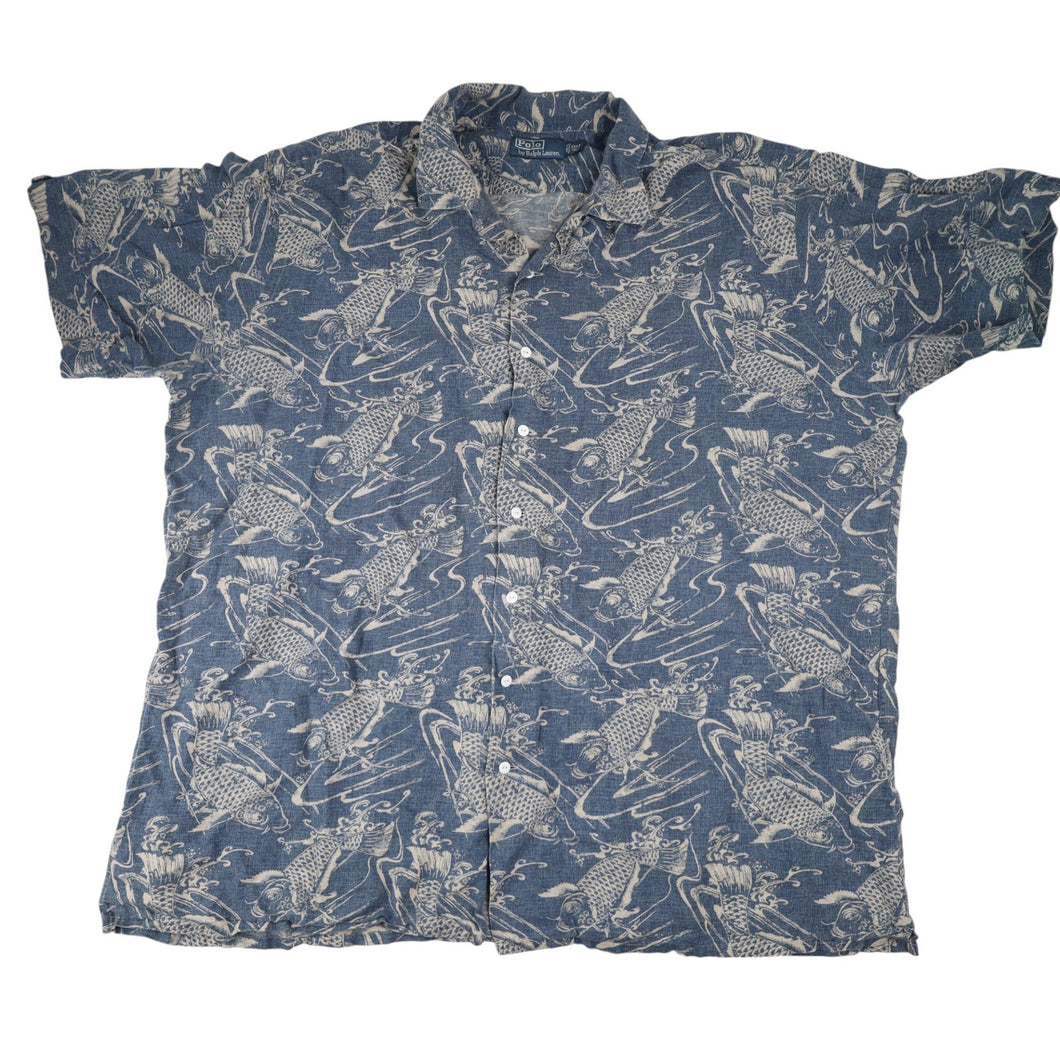 Vintage Polo Ralph Lauren Linen Cotton Blend Koi Fish Button Up Shirt - 2XLT