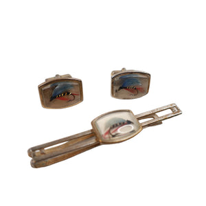 Vintage Anson Fly Fishing Cuff Links Tie Clip Set - OS