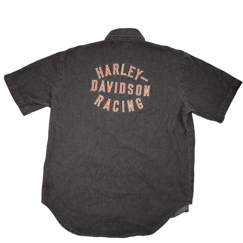 Vintage Harley Davidson Racing Embroidered Spellout Button Down Shirt - XL