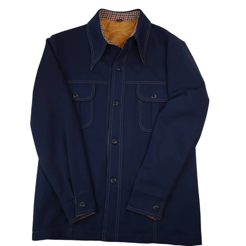 Vintage Polyester Shirt Jacket with Hounds Tooth Trim - L