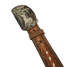 Load image into Gallery viewer, Vintage Carves Chariot Belt Buckle W/Tex Tan Woven Leather Belt - 38"