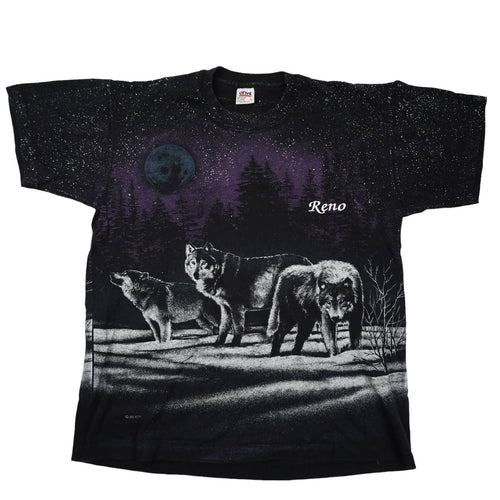 Vintage Wolf Night Scene Allover Print Graphic T Shirt