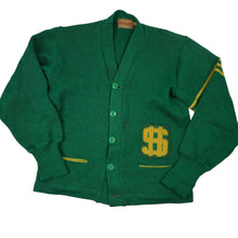 Load image into Gallery viewer, True Vintage Dehen Collegiate Letterman Dollar Sign Patch Knit Wool Sweater- WMNS S