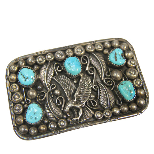 Vintage Navajo Sterling Silver Turquoise Eagle Belt Buckle Signed 
